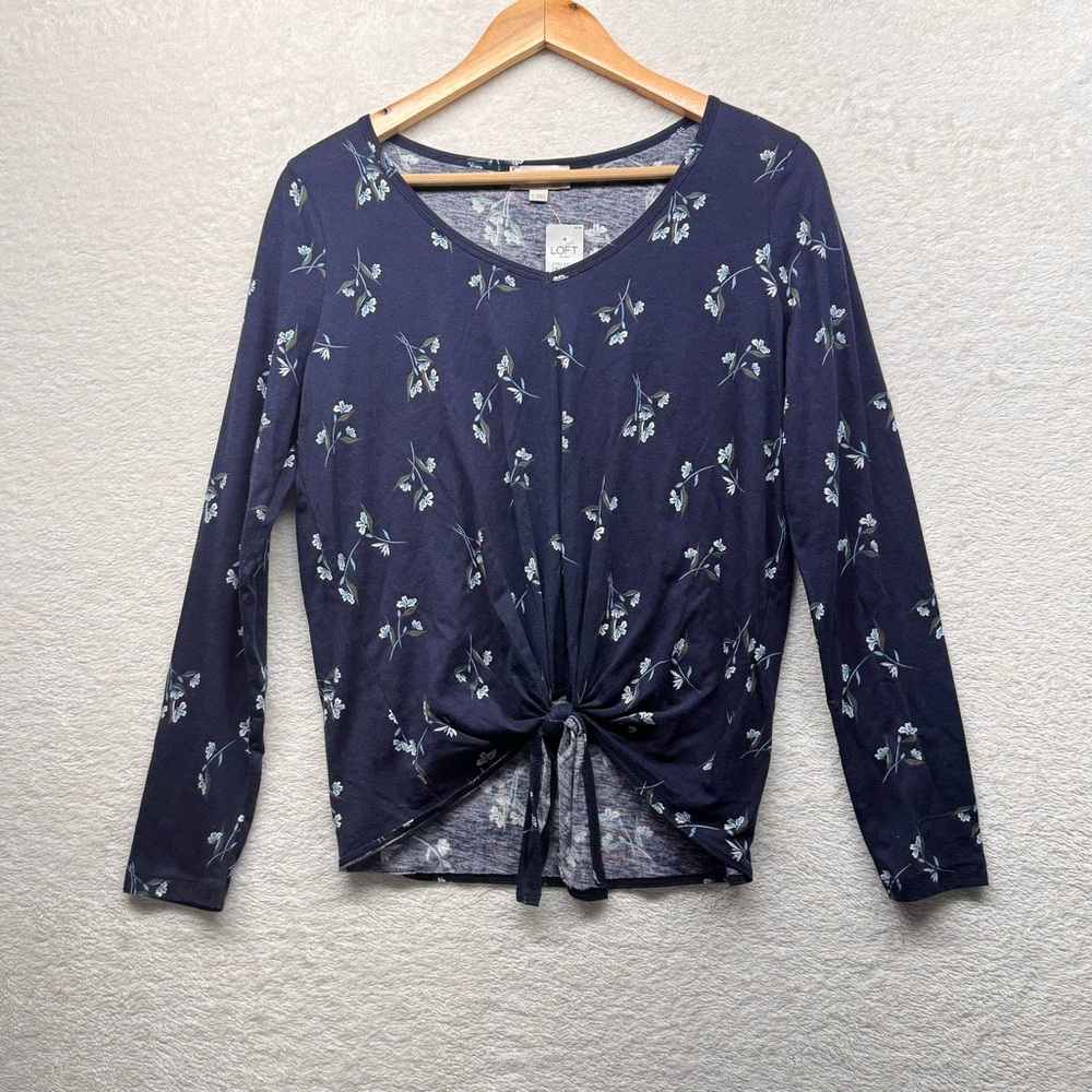 Loft Outlet Blue V-neck Floral Tie FrontTop, Navy Blue, Size SMALL